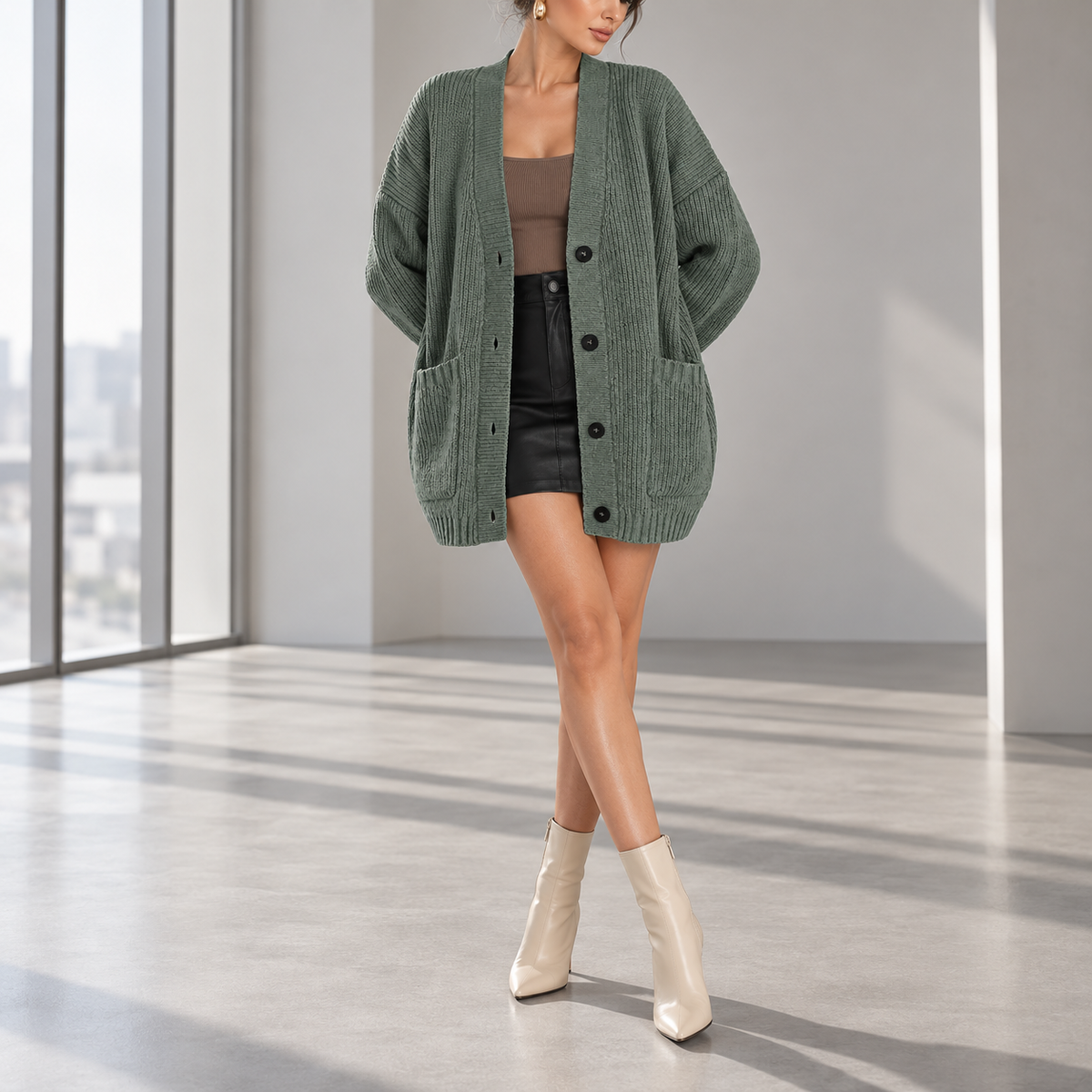 Paolina Relaxed Button-Front Pocket Cardigan