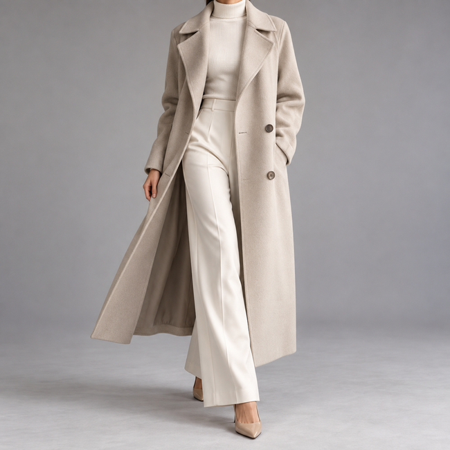 Larissa Belted Double-Breasted Long Wool Coat