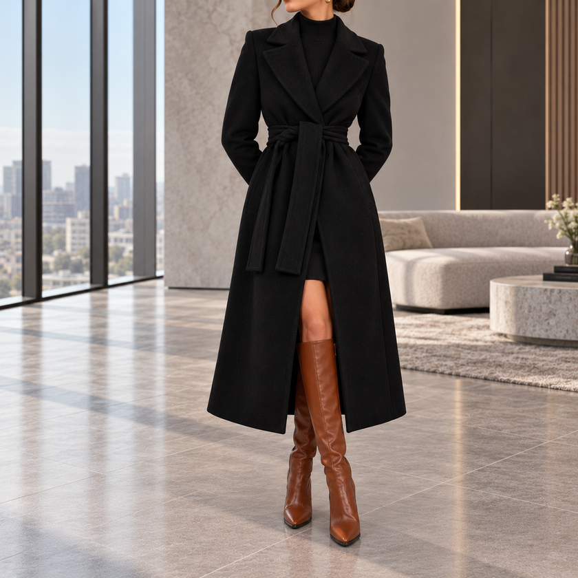 Marcelline Belted Shawl-Collar Wrap Coat