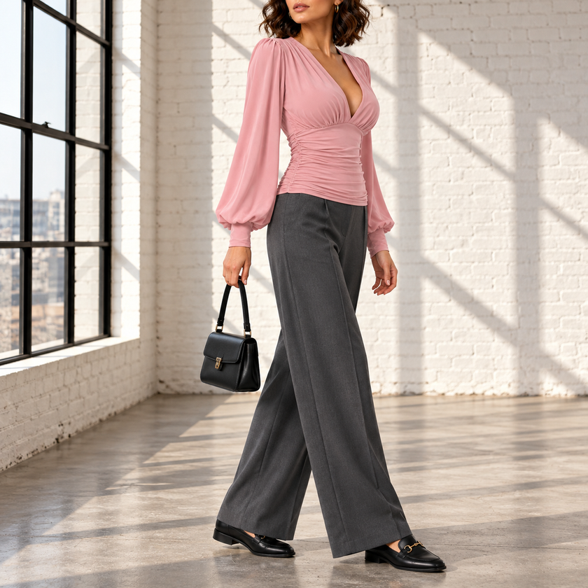 Clarissa Ruched Deep V-Neck Blouse