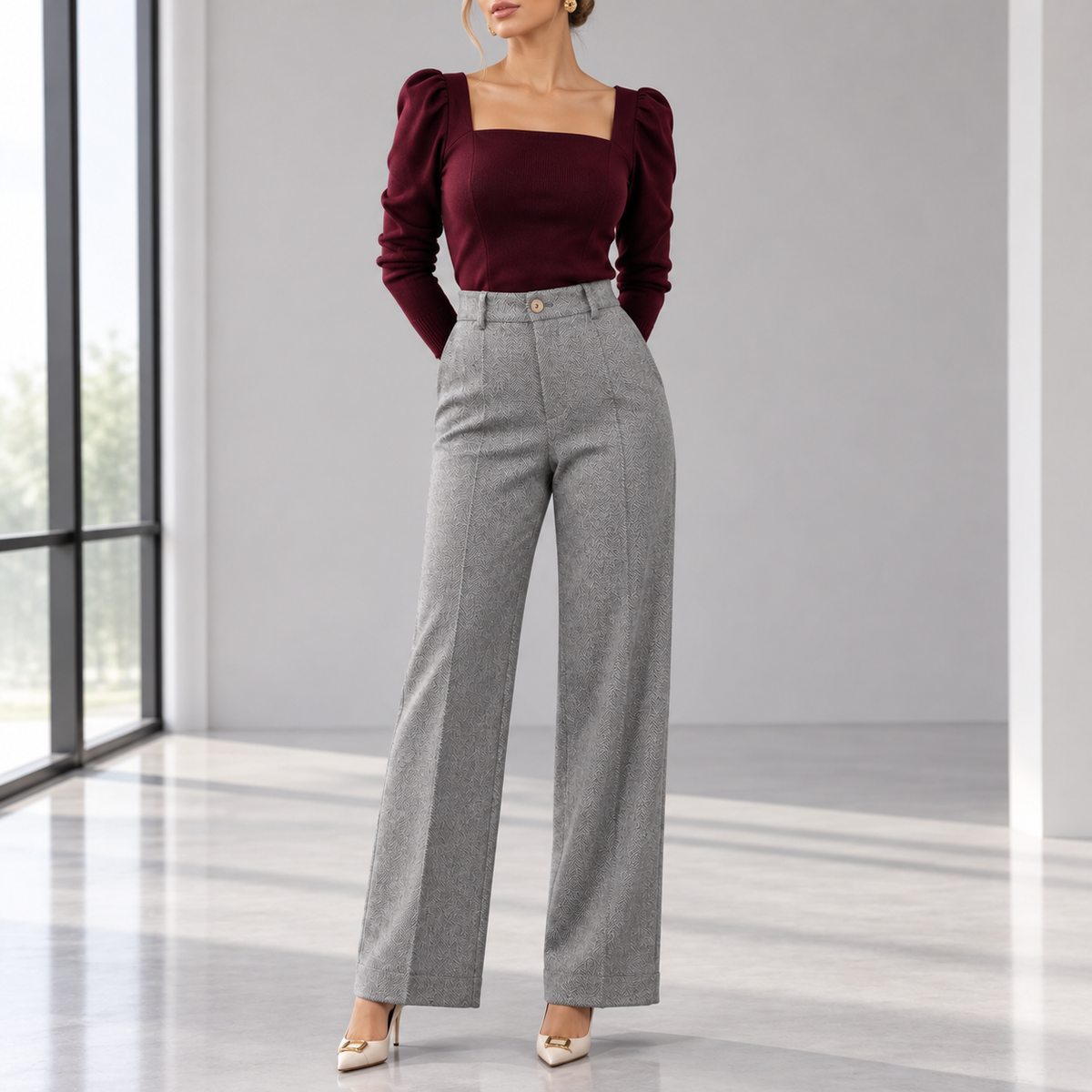Lorenza Herringbone High-Waist Wide-Leg Pants