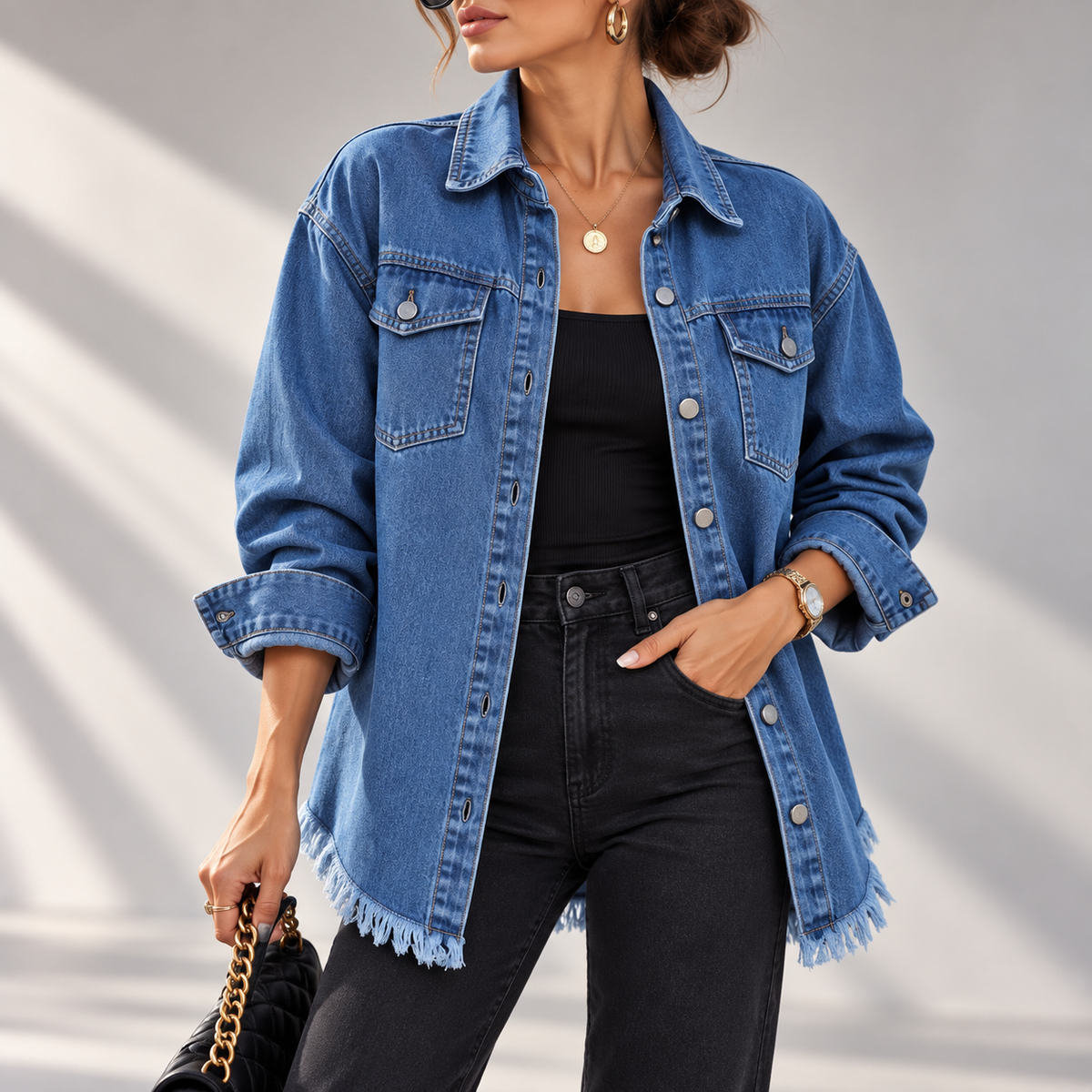 Arabella Frayed-Hem Oversized Denim Jacket