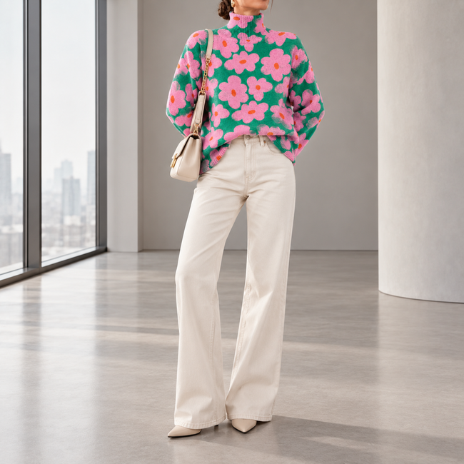 Rosamund Floral Roll-Neck Knit Sweater