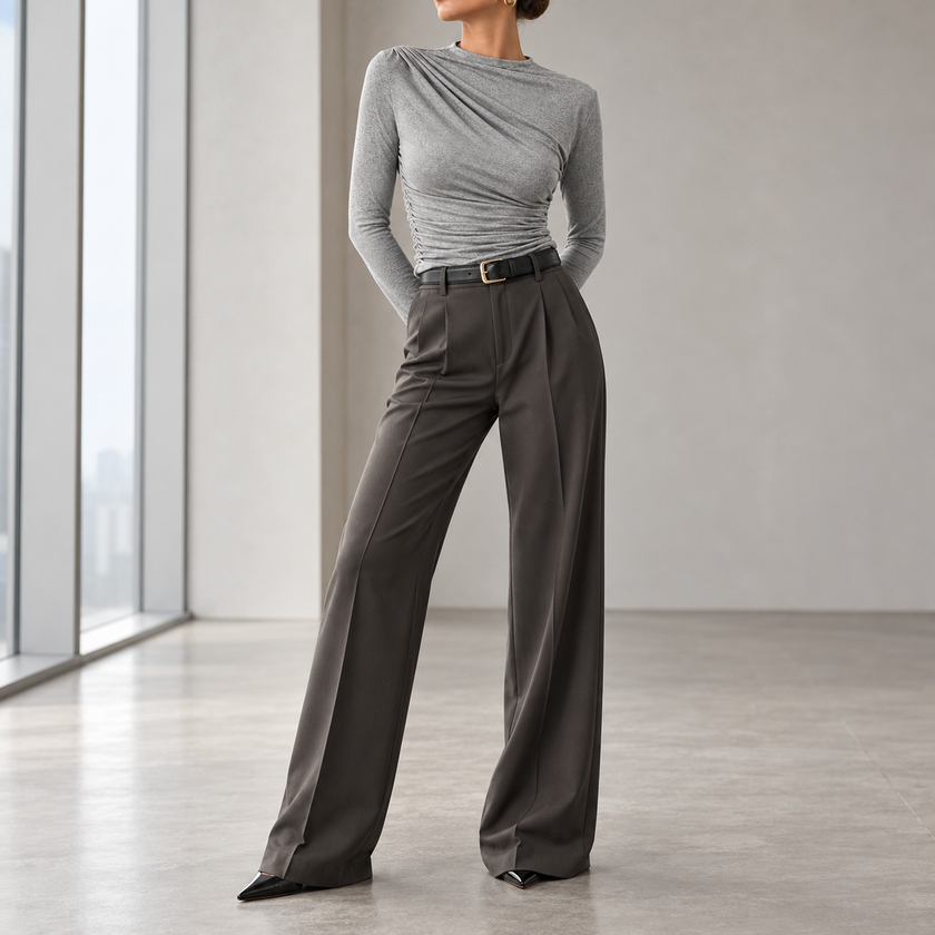 Fiorella Ruched Mock-Neck Long-Sleeve Top