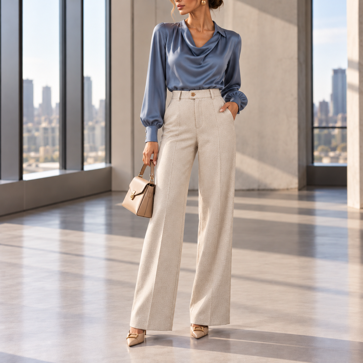 Lorenza Herringbone High-Waist Wide-Leg Pants