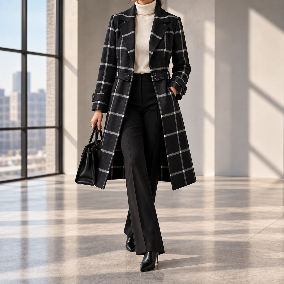 Henriette Plaid Single-Button Wool Coat