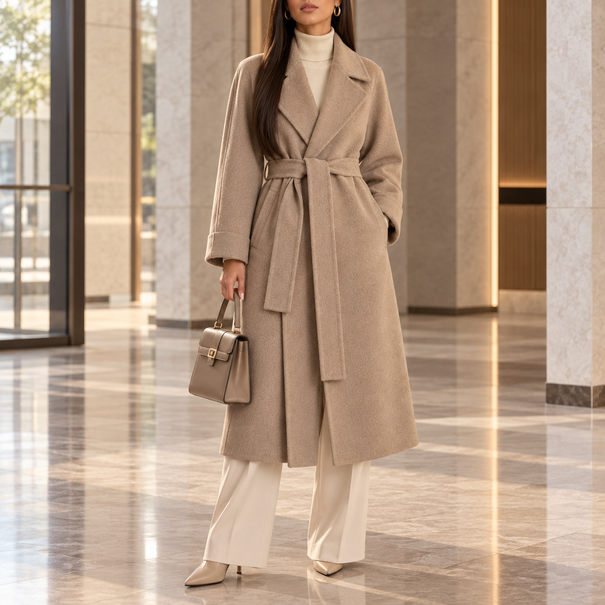 Perla Belted Wide-Lapel Wrap Coat