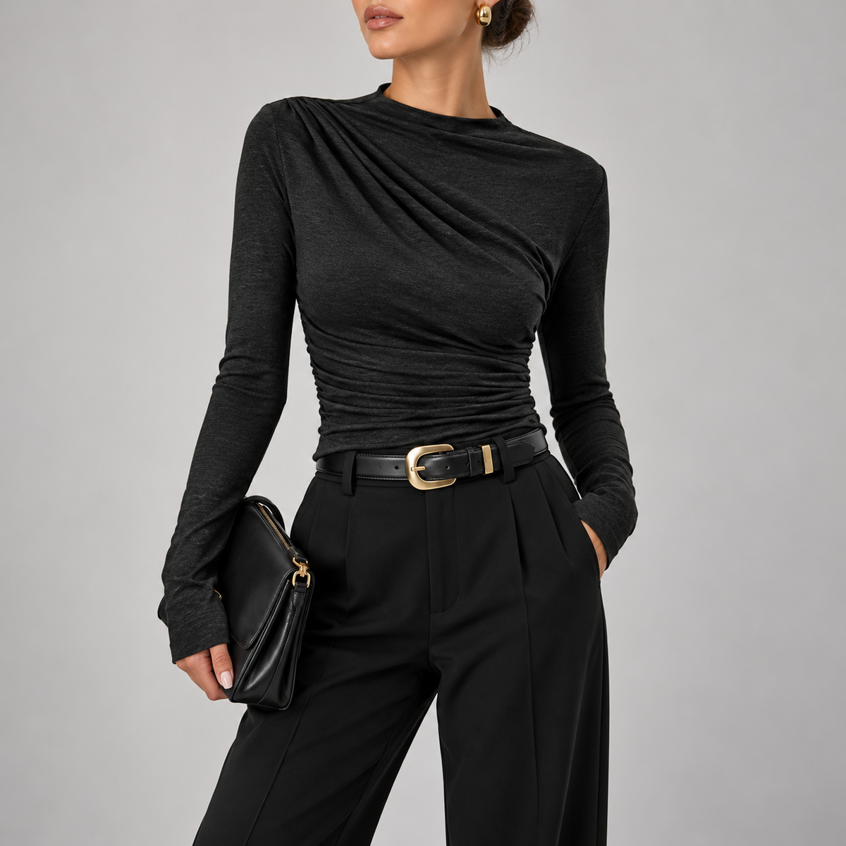 Fiorella Ruched Mock-Neck Long-Sleeve Top