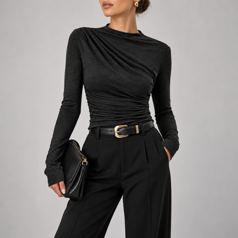 Fiorella Ruched Mock-Neck Long-Sleeve Top
