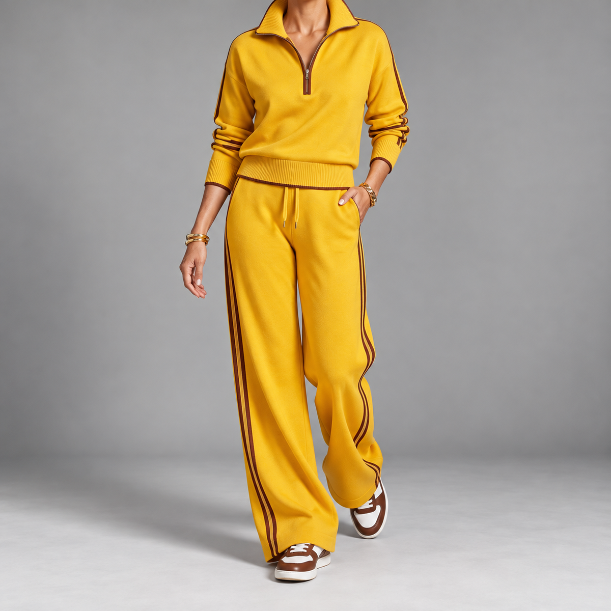 Serenella Zip-Neck Knit Wide-Leg Pants Set