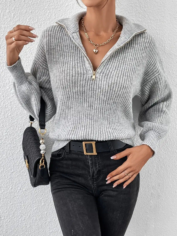 Silvana Ribbed Half-Zip Stand-Collar Sweater