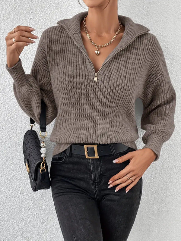 Silvana Ribbed Half-Zip Stand-Collar Sweater