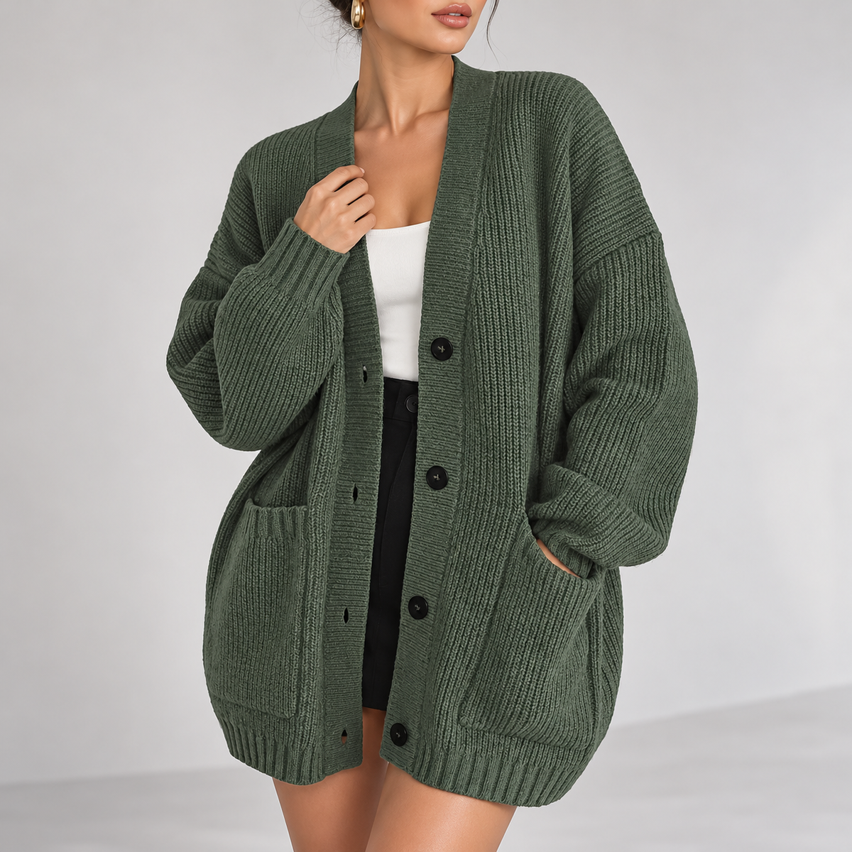 Paolina Relaxed Button-Front Pocket Cardigan