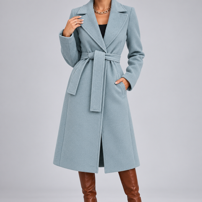 Marcelline Belted Shawl-Collar Wrap Coat