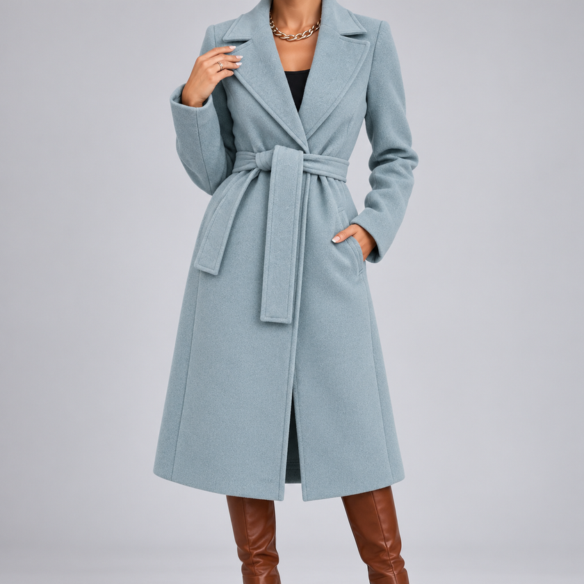 Marcelline Belted Shawl-Collar Wrap Coat