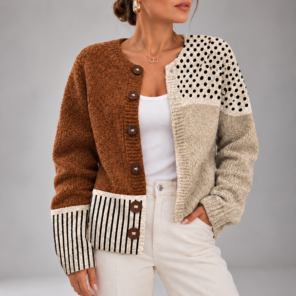 Ottoline Polka-Dot Sleeve Button-Down Cardigan