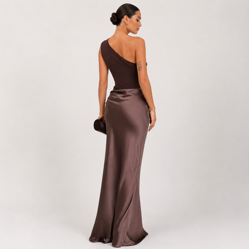 One Shoulder Satin Maxi Dress Elegant Formal Evening Occasion Wear