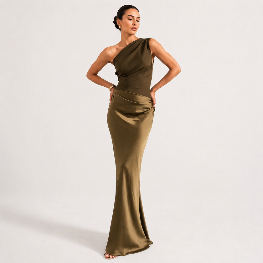 One Shoulder Satin Maxi Dress Elegant Formal Evening Occasion Wear