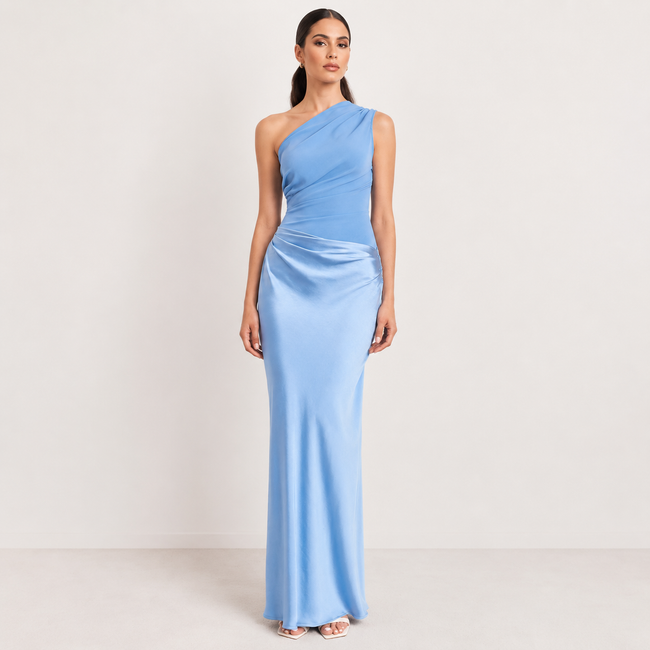 One Shoulder Satin Maxi Dress Elegant Formal Evening Occasion Wear