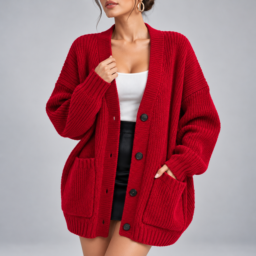Paolina Relaxed Button-Front Pocket Cardigan