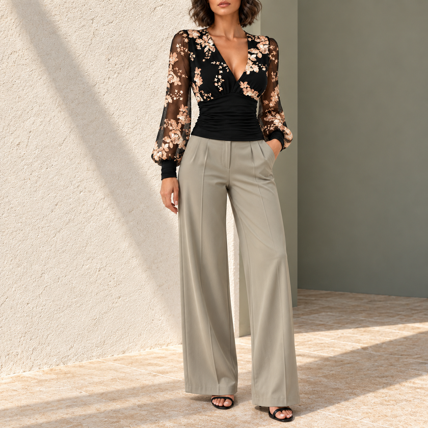 Clarissa Ruched Deep V-Neck Blouse
