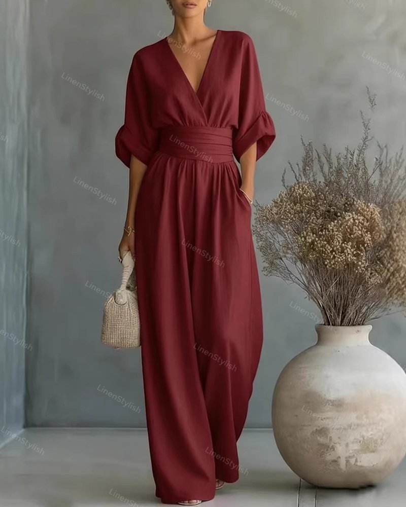 Amara Wrap V-Neck Wide-Leg Maxi Jumpsuit