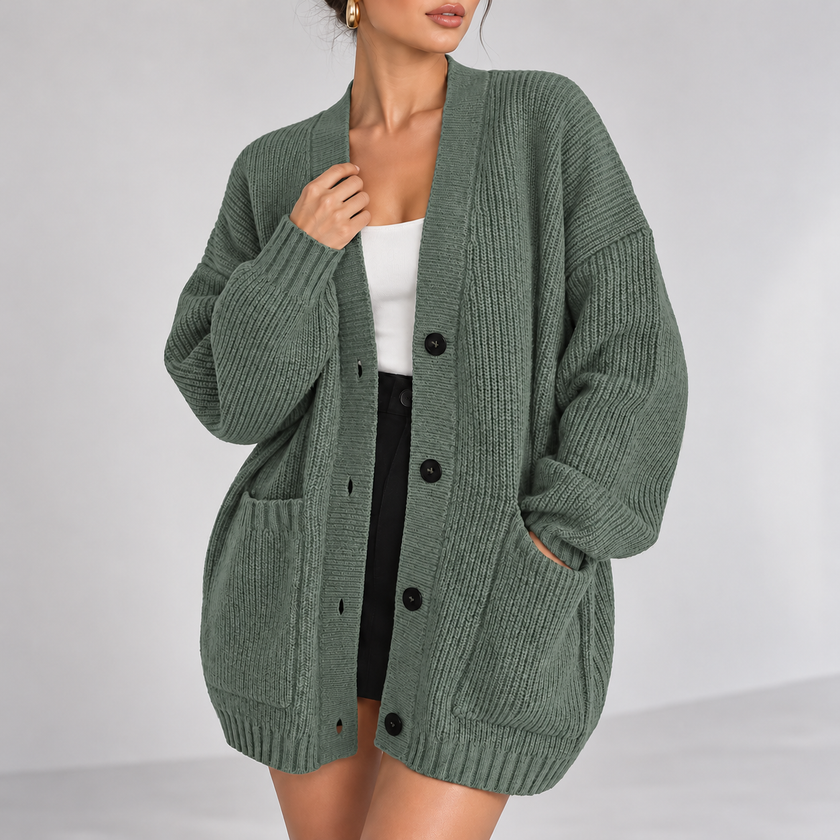 Paolina Relaxed Button-Front Pocket Cardigan
