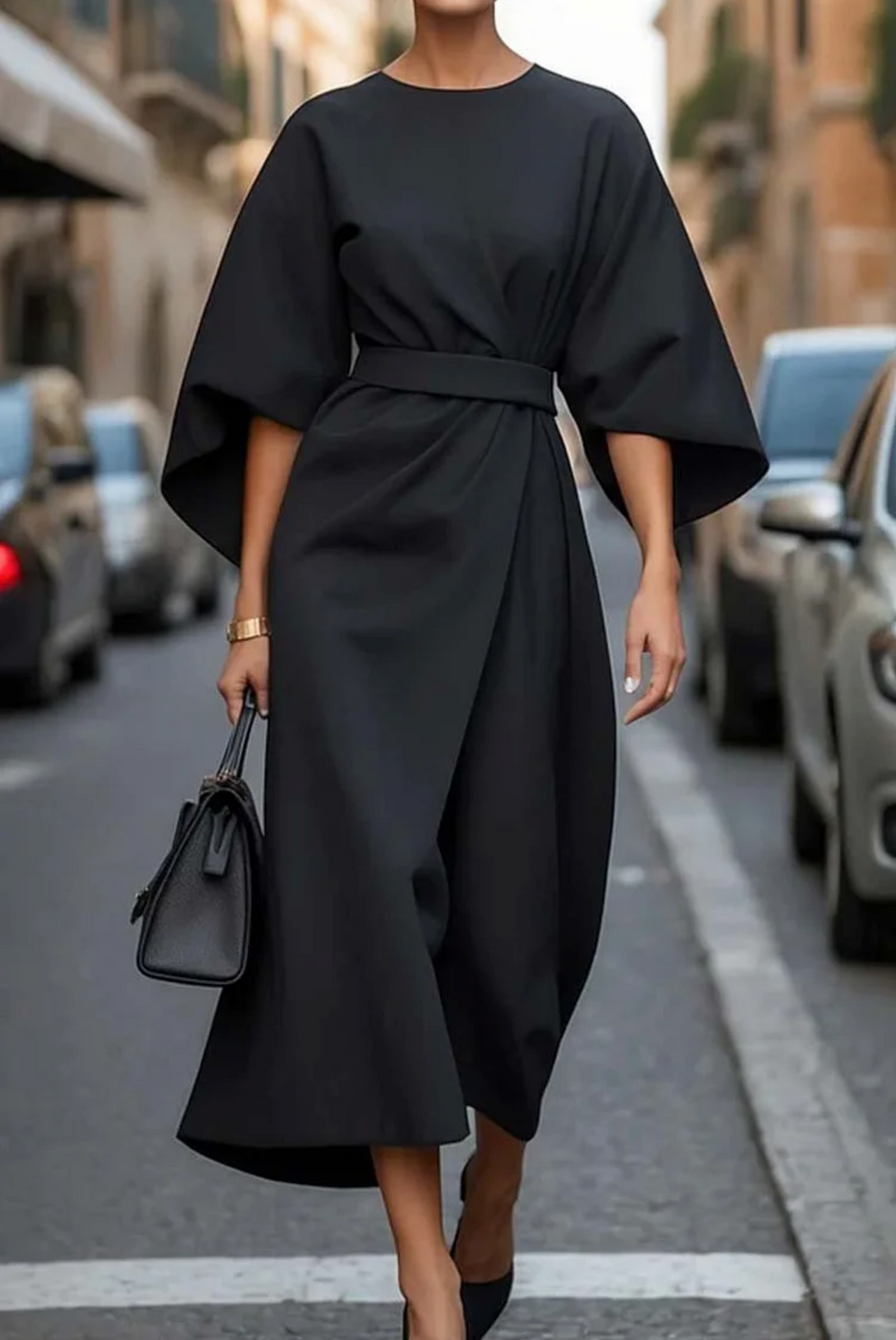 Beatrix Belted Midi Dress Round Neck
