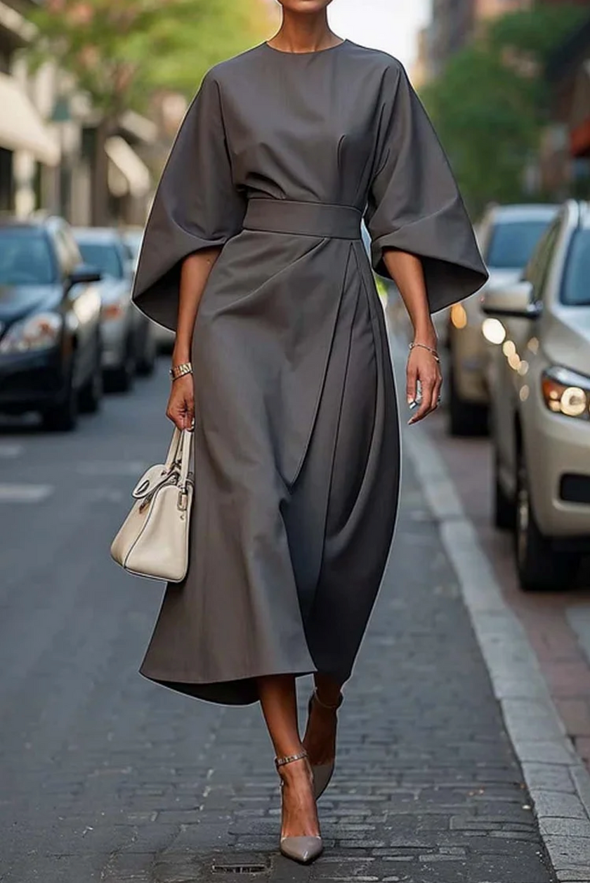 Beatrix Belted Midi Dress Round Neck