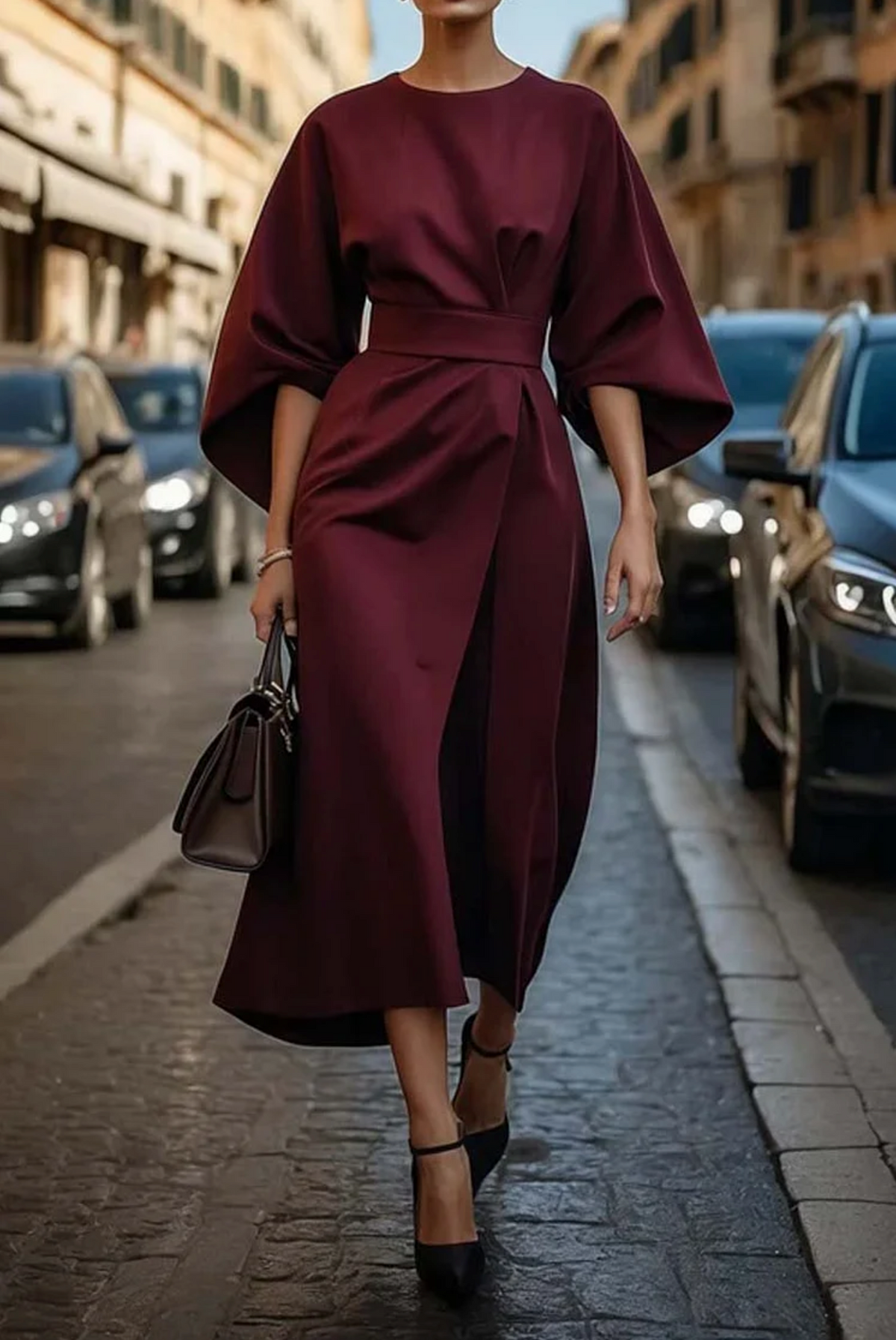 Beatrix Belted Midi Dress Round Neck