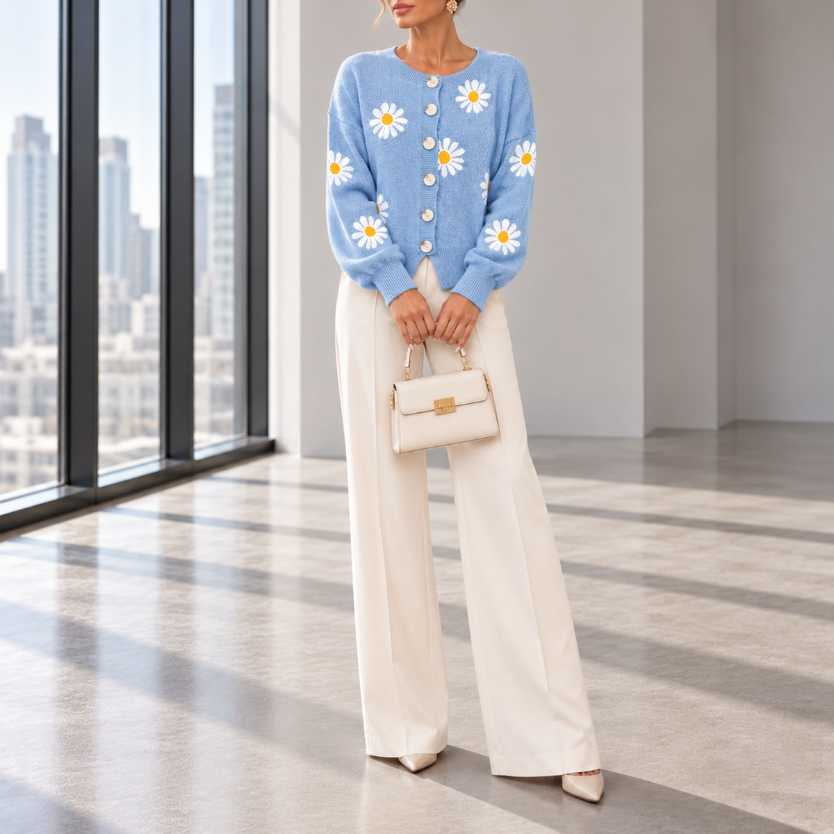 Serena Daisy Embroidered Button-Front Cardigan