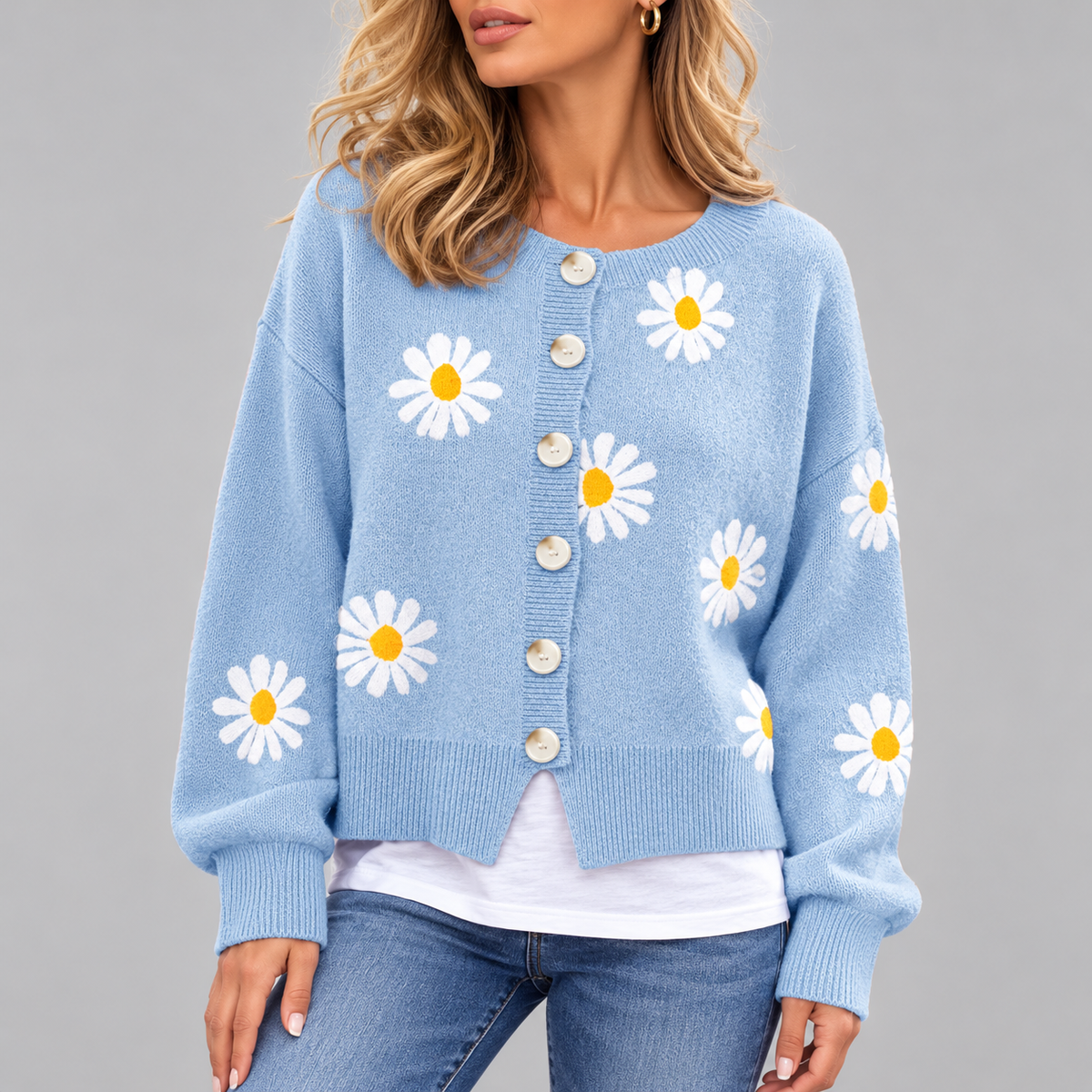 Serena Daisy Embroidered Button-Front Cardigan