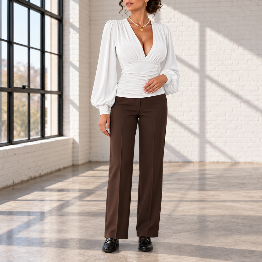 Clarissa Ruched Deep V-Neck Blouse
