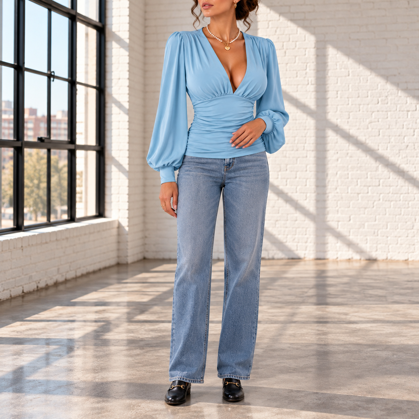 Clarissa Ruched Deep V-Neck Blouse