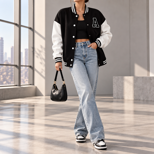 Theodora Contrast-Sleeve Letterman Varsity Jacket