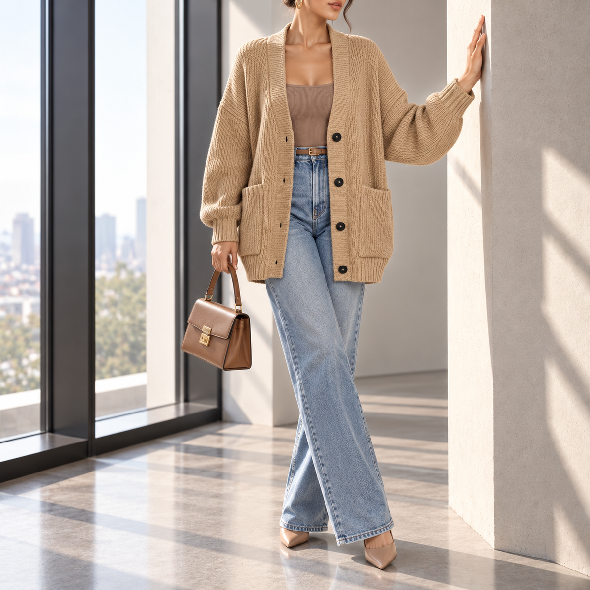 Paolina Relaxed Button-Front Pocket Cardigan