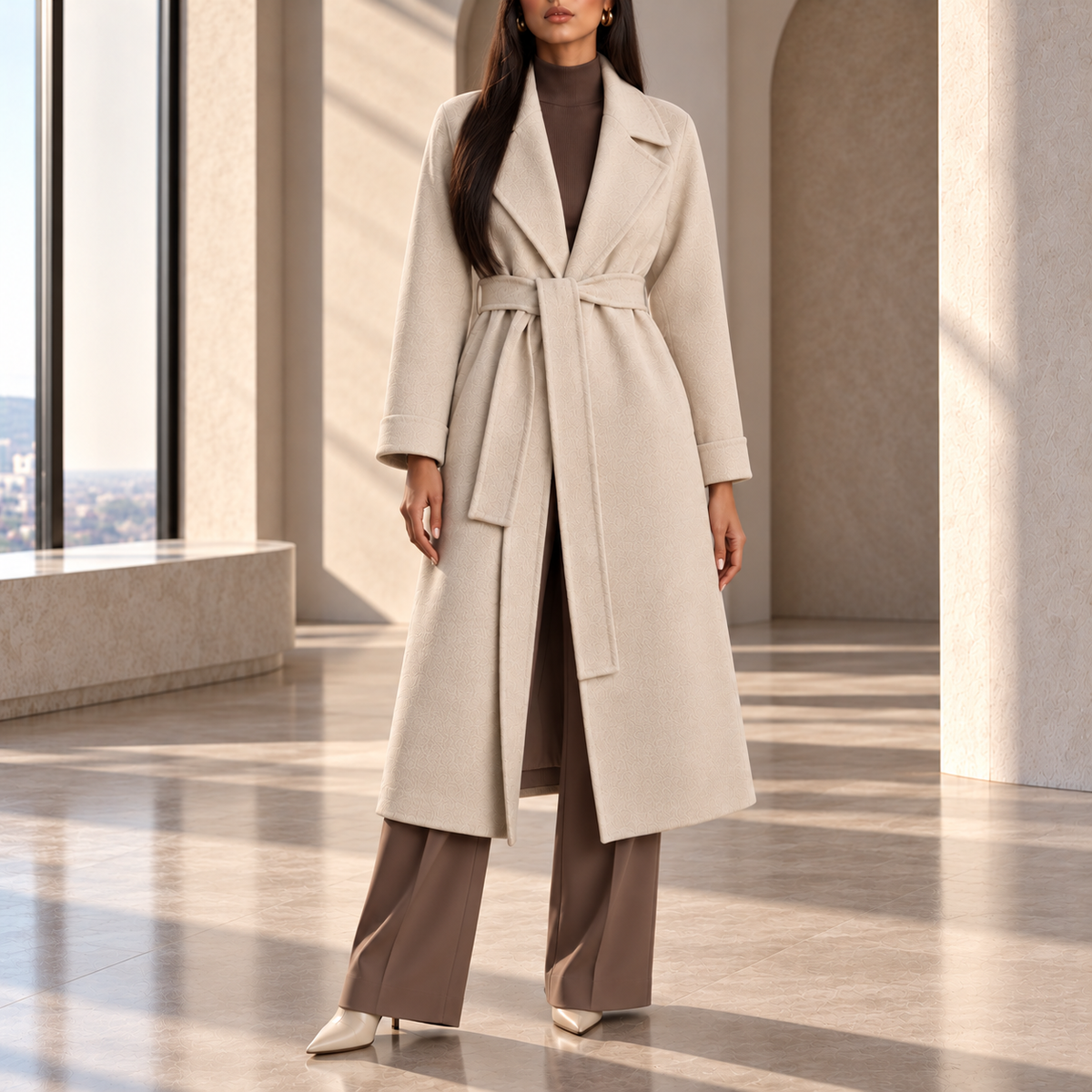 Perla Belted Wide-Lapel Wrap Coat
