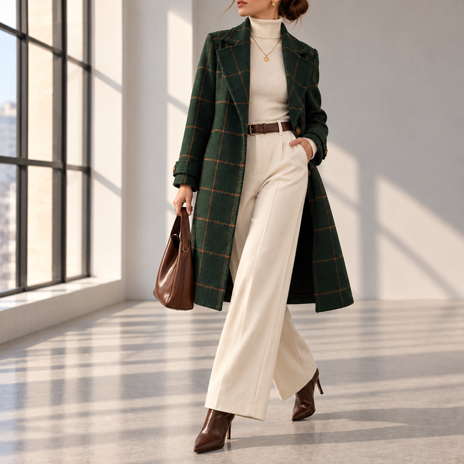 Henriette Plaid Single-Button Wool Coat