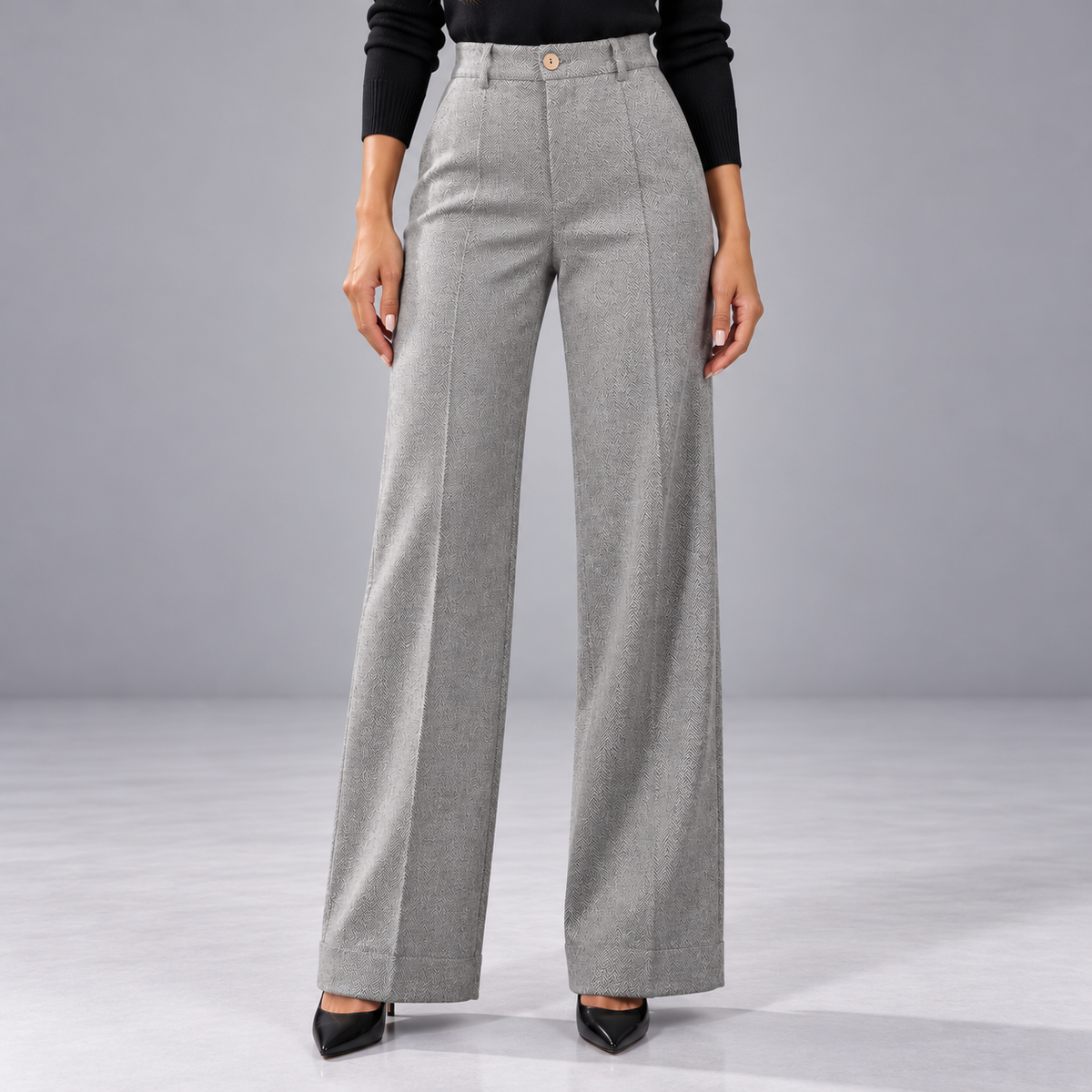 Lorenza Herringbone High-Waist Wide-Leg Pants