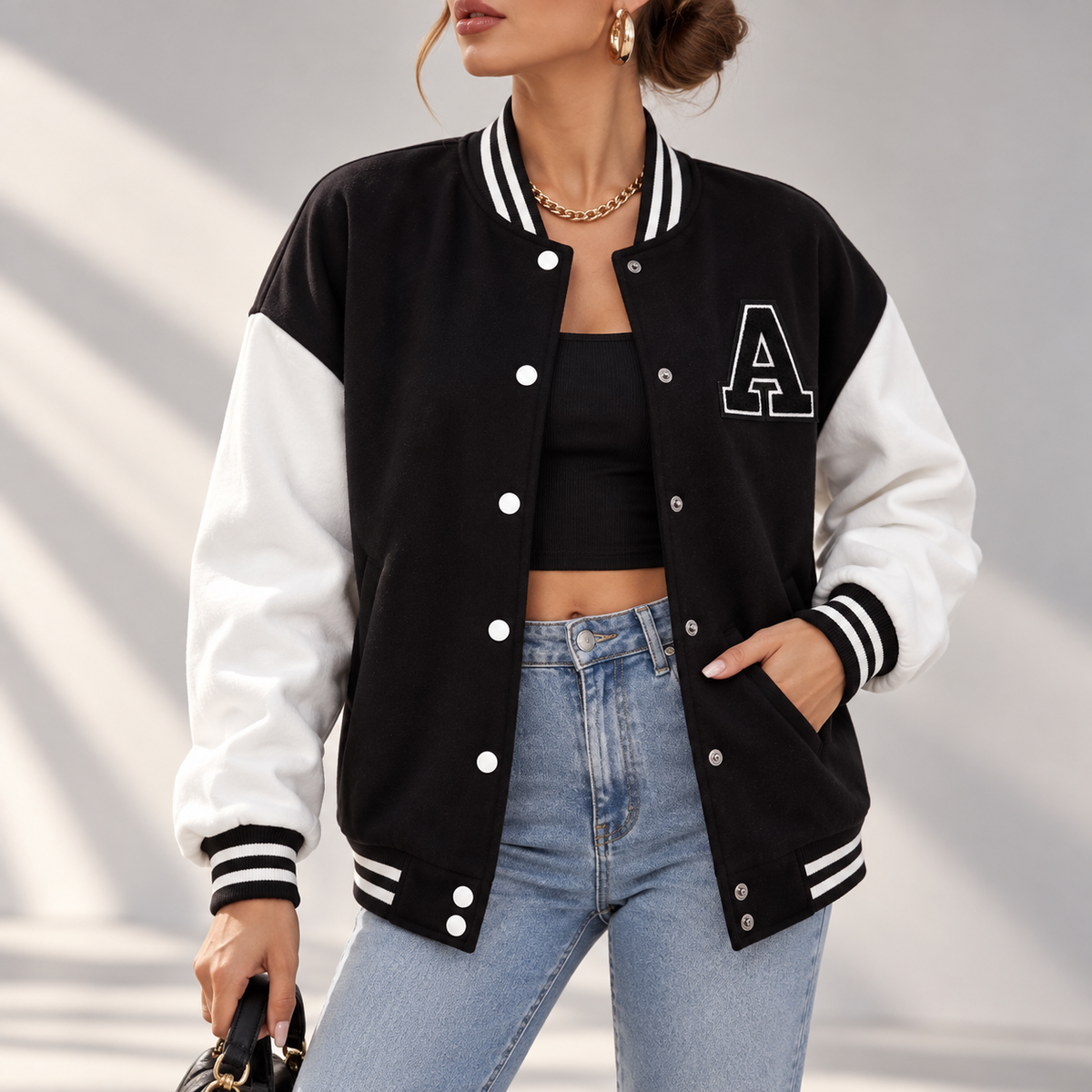 Theodora Contrast-Sleeve Letterman Varsity Jacket
