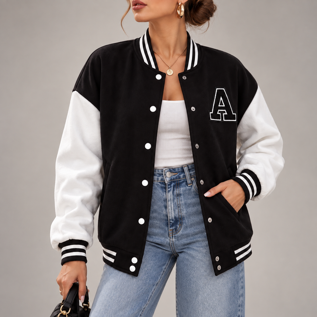 Theodora Contrast-Sleeve Letterman Varsity Jacket