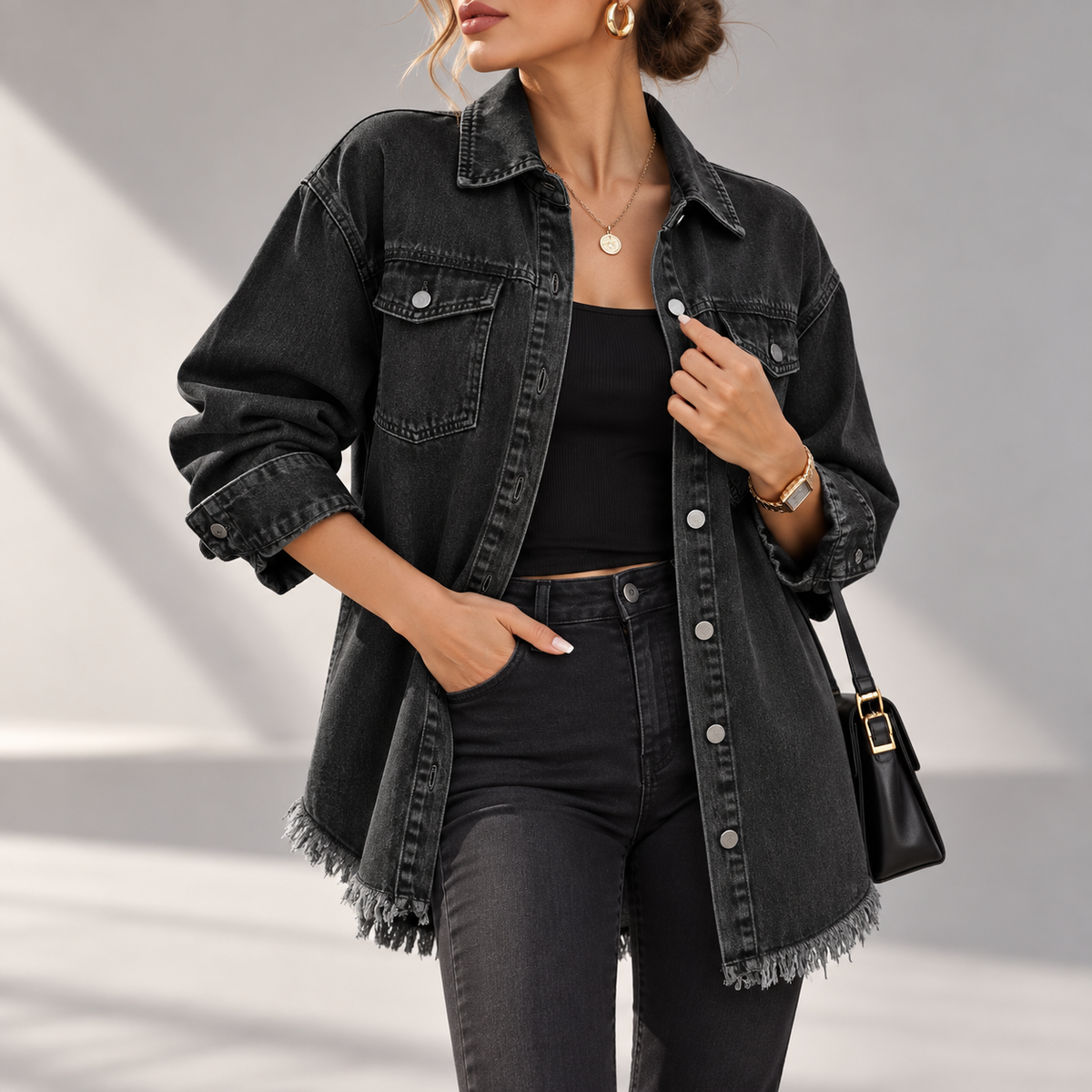 Arabella Frayed-Hem Oversized Denim Jacket