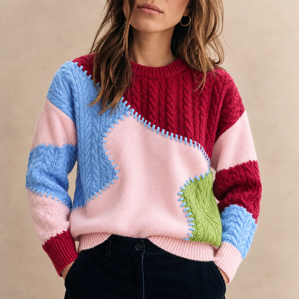 Tiziana Gold-Accent Color-Block Knit Sweater
