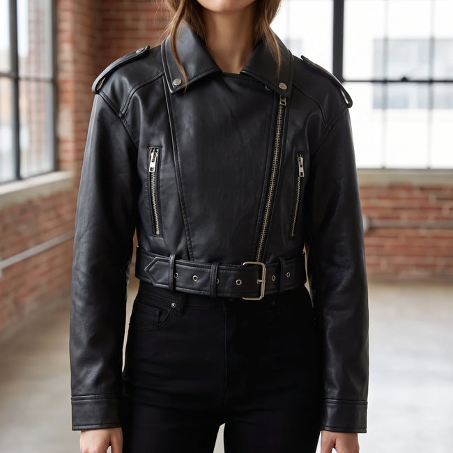 Elettra Belted Cropped Biker Jacket