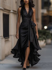 Isolde Halter Wrap Maxi Dress High Slit Ruffle Formal Evening