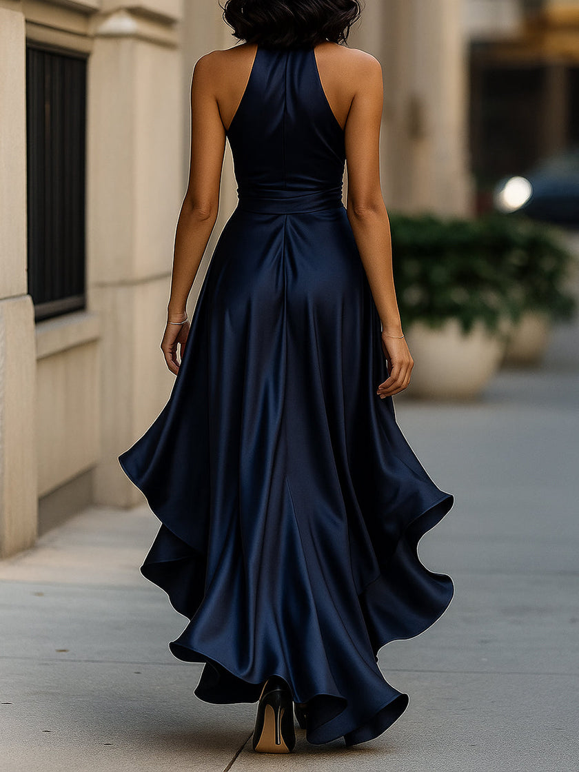 Isolde Halter Wrap Maxi Dress High Slit Ruffle Formal Evening