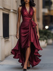 Isolde Halter Wrap Maxi Dress High Slit Ruffle Formal Evening
