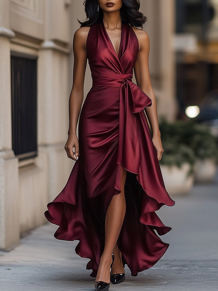 Isolde Halter Wrap Maxi Dress High Slit Ruffle Formal Evening