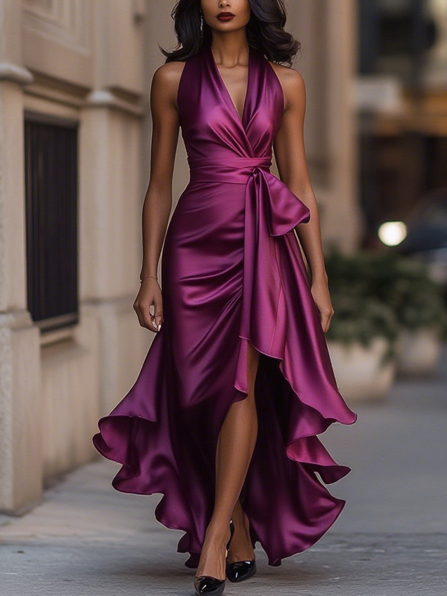 Isolde Halter Wrap Maxi Dress High Slit Ruffle Formal Evening