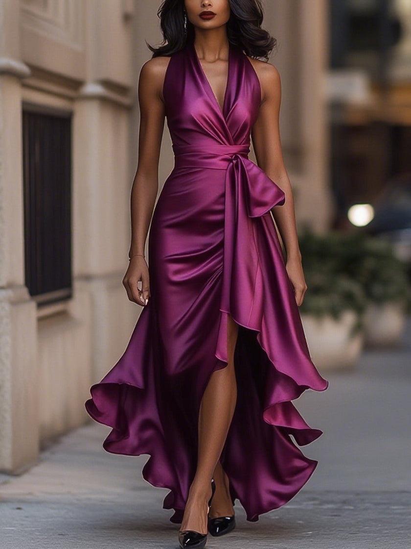 Isolde Halter Wrap Maxi Dress High Slit Ruffle Formal Evening